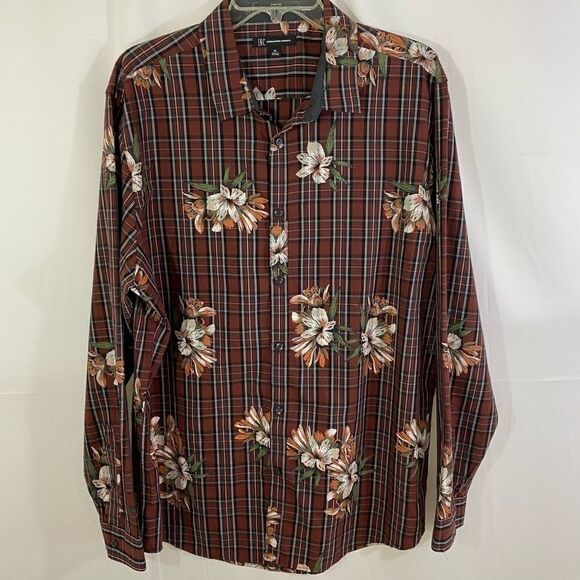 INC Men’s Button Down Shirt Brown Checkered Flower - Picture 1 of 4